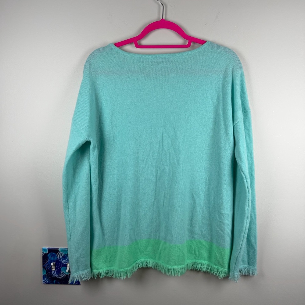 LILLY PULITZER Fairfax Fringe Blue Green Cashmere Sweater Size Large Preppy - Picture 7 of 8